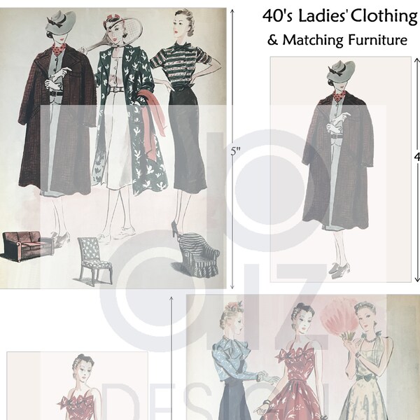 Digital Vintage Fashion Sketches 1940s Illustrations Junk Journals Gift Cards Tags Scrapbook