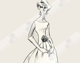 Digital Vintage FASHION Sketches NINA RICCI evening gown illustration