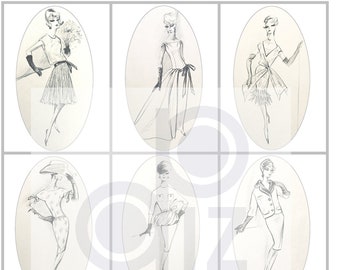 Digital vintage Fashion Scrapbook Digital Design Sketches by DIOR Chanel GIVENCHY Cardin 1960s