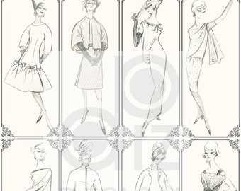 Digital vintage fashion sketches 1960s DIOR CHANEL BALMAIN Book Marks Vintage downloadable Junk Journals Scrapbooks Note Cards Tags
