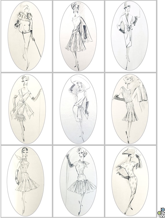 Digital Vintage Fashion Design Sketches Dior Givenchy Chanel Cardin Balenciaga 1960s