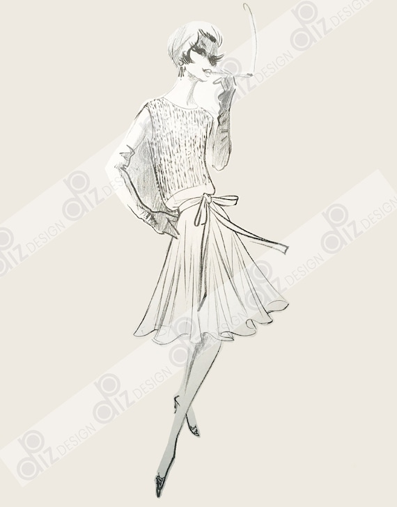 Digital Vintage DIOR Couture Fashion Sketches 60s Cocktail Dress