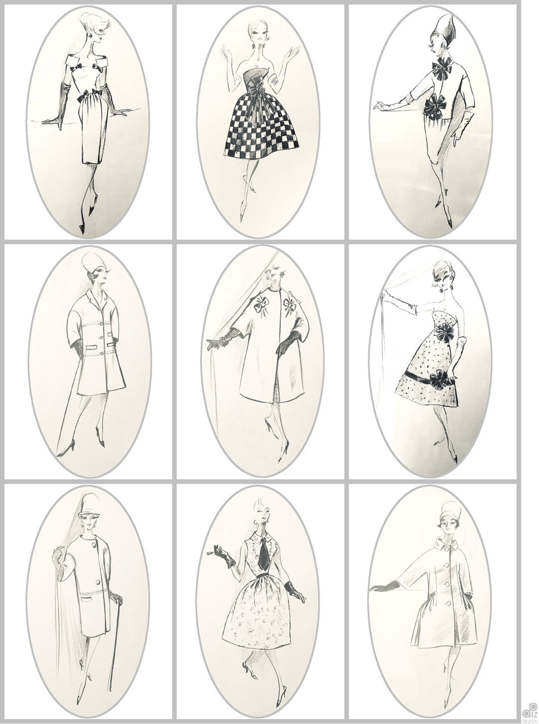 DIOR CHANEL GIVENCY Fashion Sketches 1960s Digital Vintage Dress
