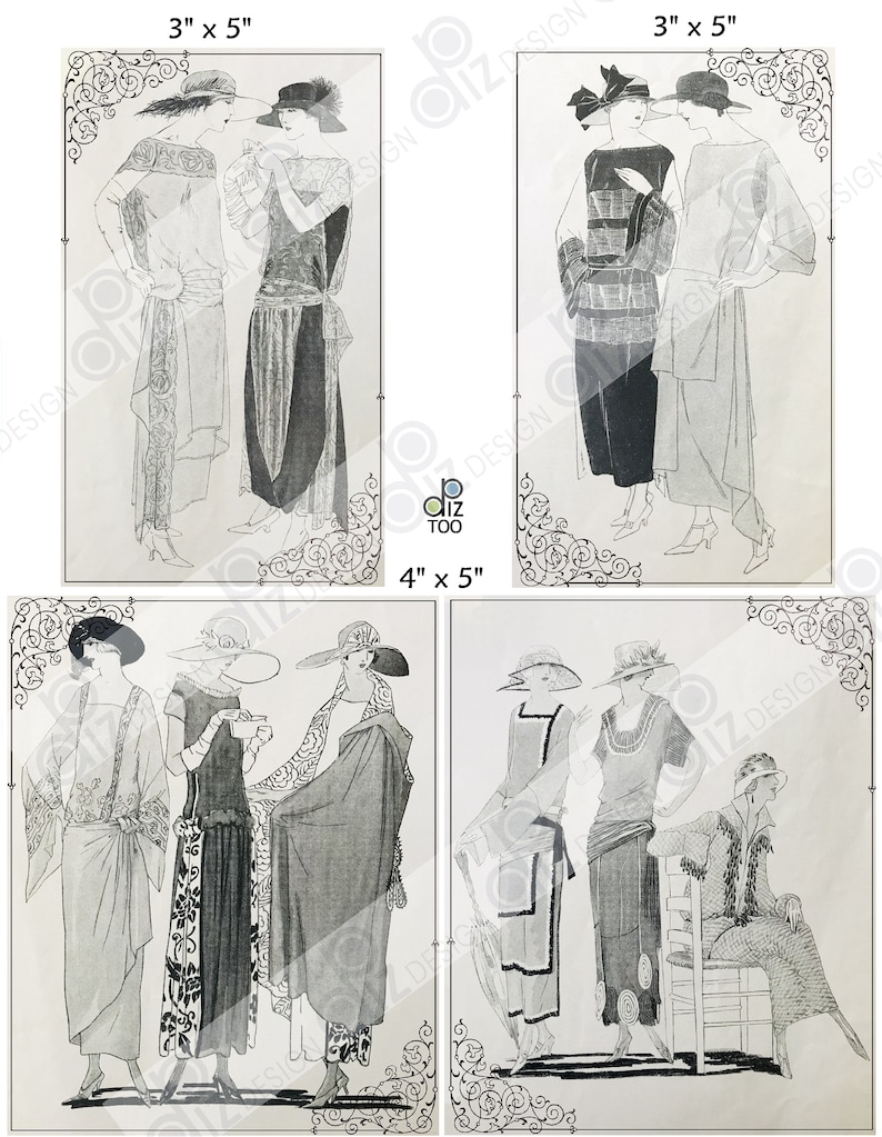 Digital 1920s Fashion Sketches vintage Illustrations Junk journals Cards Tags Scrapbook