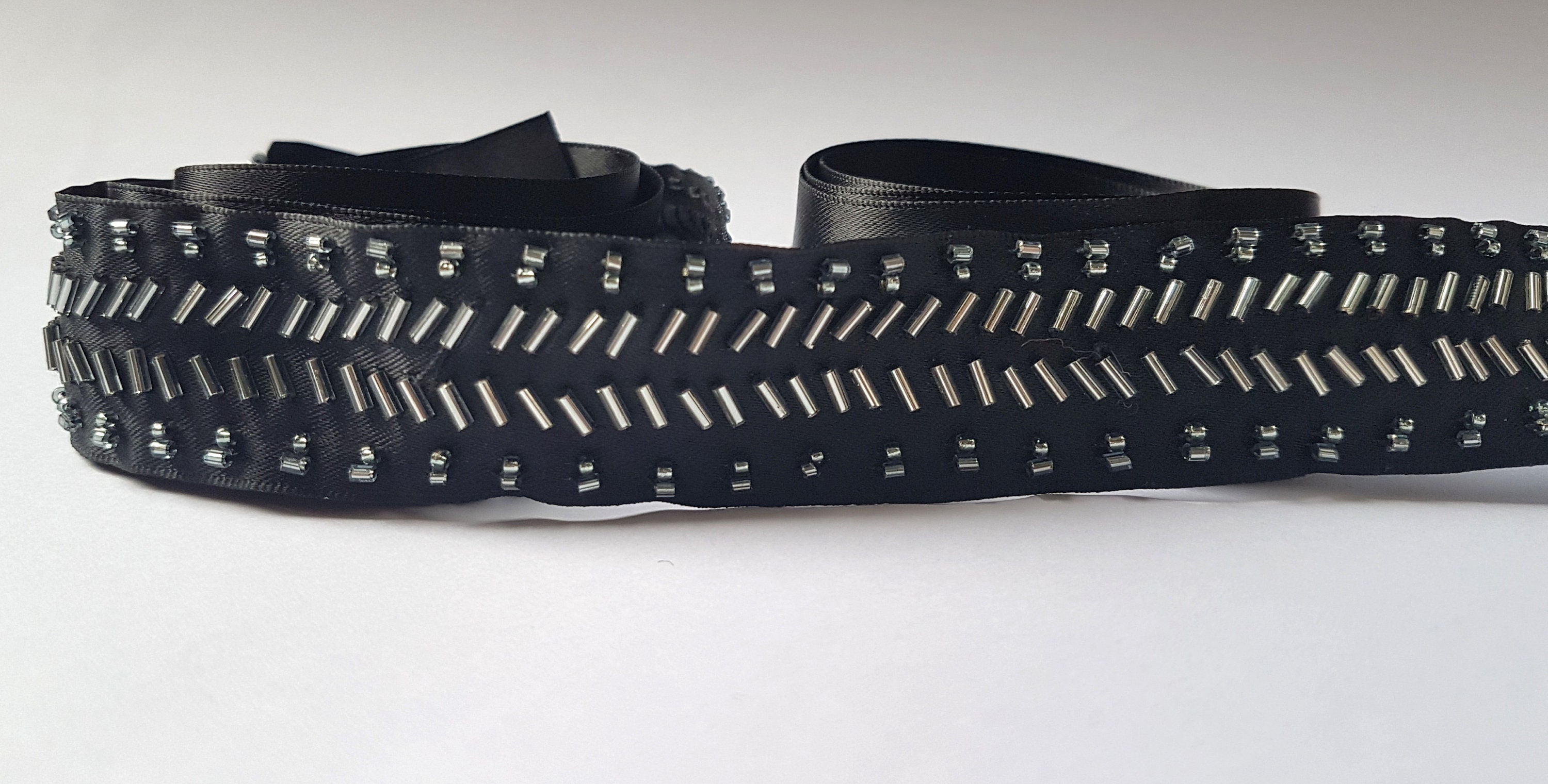 Beautiful Beaded Sash - Black Satin Ribbon - Tie Sash - Tie 