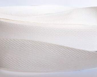 100% Pure Cotton White Herringbone Ribbon - Tape - 25mm Wide - Free Delivery Options!