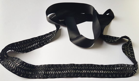 Beautiful Beaded Sash - Black Satin Ribbon - Tie Sash - Tie 