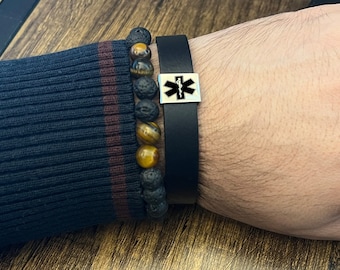 Medical Alert Leather Bracelet | Autism, Dementia, Diabetic Alert Stainless Charm | Emergency Contact SOS Medic ID Name Waterproof Bracelet