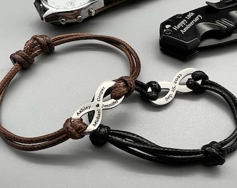 Personalized Leather Men Bracelet, Infinity Engraved Bracelet, Christmas Gift For Husband, Name Bracelet for Dad, Mens Leather Bracelet