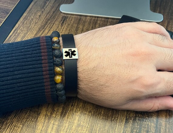 Medical Alert Leather Bracelet | Autism, Dementia, Diabetic Alert Stainless Charm | Emergency Contact SOS Medic ID Name Waterproof Bracelet
