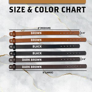 May include: Size and color chart for leather bracelets. The chart shows two sizes: 8 inches (medium) and 9 inches (large). The colors available are brown, black, and dark brown. Each bracelet is 3/4 inch wide.