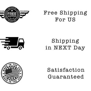 May include: Black and white graphic of a truck with wings, a stamp with the text "Free Shipping", a truck with a speed line, and a circle with the text "Made in the USA" and a star on each side. The text "Free Shipping for US", "Shipping in NEXT Day", and "Satisfaction Guaranteed" are also included.