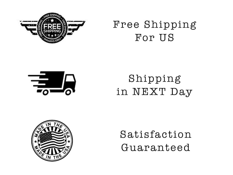 May include: Black and white graphic of a truck with wings, a stamp with the text "Free Shipping", a truck with a speed line, and a circle with the text "Made in the USA" and a star on each side. The text "Free Shipping for US", "Shipping in NEXT Day", and "Satisfaction Guaranteed" are also included.