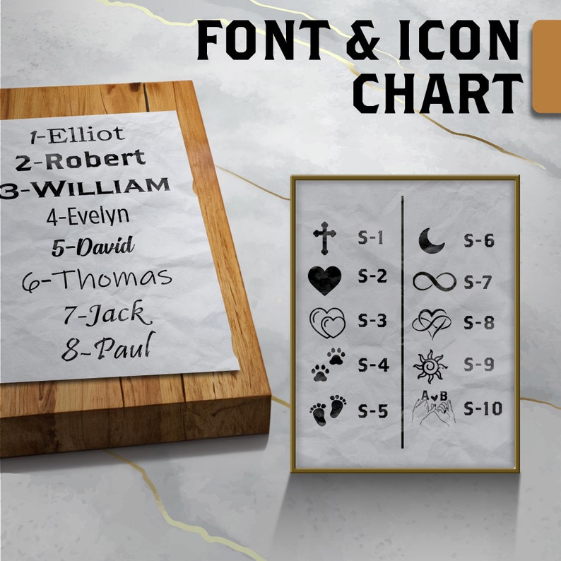 May include: A chart with a list of names and corresponding icons. The names are: Elliot, Robert, William, Evelyn, David, Thomas, Jack, and Paul. The icons include a cross, a heart, two hearts, paw prints, footprints, a crescent moon, an infinity symbol, a heart with an infinity symbol, a sun, and two hands holding a heart.