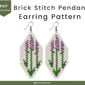 May include: Two beaded brick stitch pendant earrings with a lavender flower design. The earrings are diamond-shaped with a light beige background and silver-colored ear wires. The image also includes the text "Brick Stitch Pendant Earring Pattern".