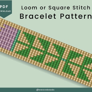 Puede incluir: Un patrón de pulsera de telar o punto cuadrado para descargar en PDF. El patrón presenta un diseño con cuentas verdes, beige y moradas.