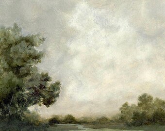 テッサ・ブラウンによる風景油絵、風景画、小川の絵、ヴィンテージ風の