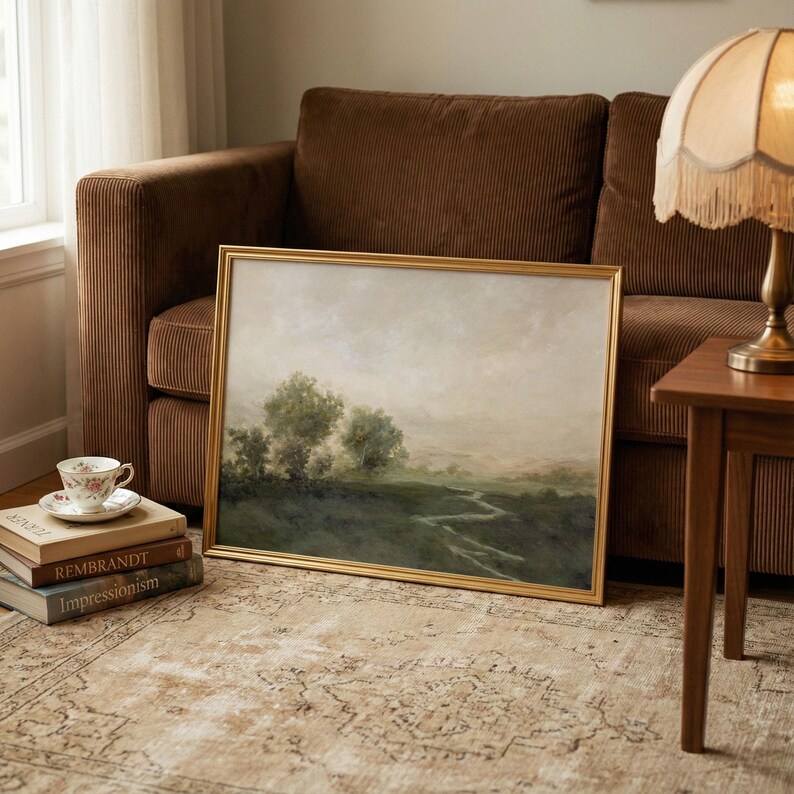 May include: A framed landscape painting with a gold-colored frame, depicting a serene scene with trees and a winding path. The painting is leaning against a brown corduroy sofa, with a teacup and books nearby.