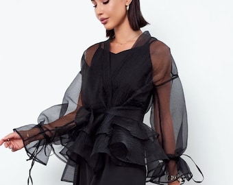 Sheer Black Organza Blouse for Women, Elegant Puff Sleeve Top with Tie Cuffs, See Through Mesh Shirt, Sheer Long Sleeve Top