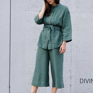 Linen Two Piece Set | Linen Shirt + Linen Culottes + Linen Belt | Pajama Set | Plus Size Linen | Bridal Pajamas | Boho Pajamas image 3