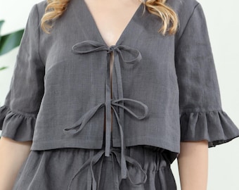 Boho Linen Crop Top with Ruffle Sleeves | Front Tie Closure | Linen Blouse Top | Cropped Shirt | Ruffle Top | Peter Pen Collar