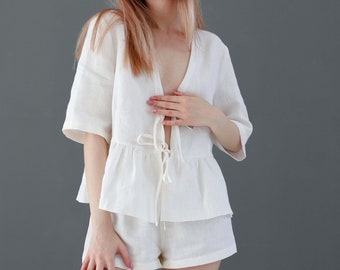 Linen Two Piece Set | Tie Up Front Blouse & High Waisted Shorts | PJ Set | Bridesmaid Pajamas | Matching Pajama | Blouse half sleeve v neck