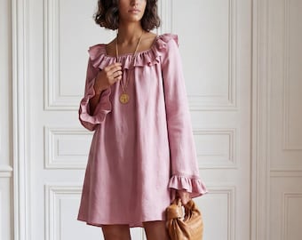 Linen Dress | Caftan Bohemian Dress | Ruffle Mini Dress with Flutter Sleeves | Kaftan Dress | Cottagecore Dress