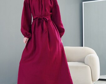 Vestido largo de lino con cinturón / Vestido bohemio con bolsillos / Vestido victoriano con mangas abullonadas / Vestido de lino de talla grande / Vestido estilo pradera
