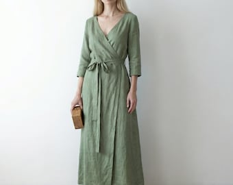 Linen Wrap Dress | Boho Kimono Dress | Cottagecore Sleeve Dress | Boho Maternity Gown | Plus Size Linen
