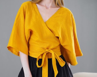 Linen top / Linen wrap top / Linen wrap crop top / Wrapped top / Linen blouse / Linen kimono top
