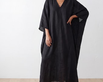 Linen Dress | Placket Long Caftan | Linen Kaftan Maxi Dress | Long Sleeve Temple Dress with Pockets | Linen clothes | Plus Size