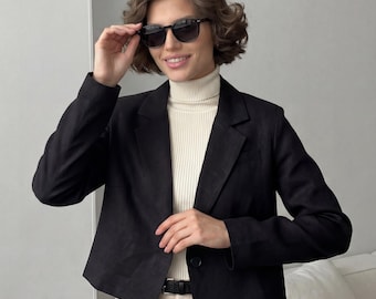Linen Blazer | Linen Cardigan | Linen Jacket | Linen Short Straight-Fit Jacket | Linen Blend Cropped Blazer