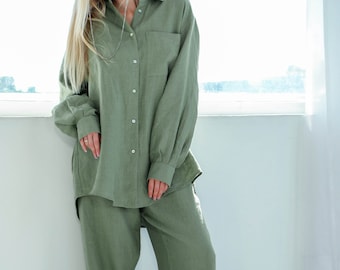 100% Linen Two Piece Set | Linen Button Up Shirt + Linen Palazzo Pants | Matching Pajamas | Linen Pajama Set | Relaxed Linen Loungewear Set