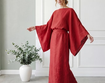Linen Kimono Dress | Wide Sleeve Maxi with Belt | Minimalist Japanese Caftan Dress | Oversized Boho Robe | Plus Size Linen Dresses