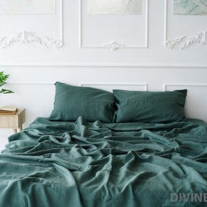 Pine Green Linen Sheet Set | 1 Linen Flat Sheet + 1 Linen Fitted Sheet + 2 Pillowcases | Linen Sheets Queen Twin King | Bed Sheets