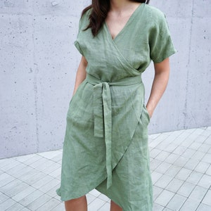 Linen Wrap Dress | V-Neck Short Sleeve Dress with Belt | Relaxed Fit Summer Style | Flowy Midi Look | Plus Size Linen