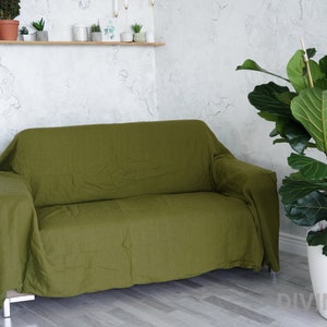Olive Green Linen Couch Cover | Linen Drop Cloth Couch Cover | Linen Sofa Cover | Linen Couch Throw | Large Linen Coverlet | Linen Bed Cover