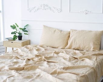 Ivory Linen Sheet Set | 1 Linen Flat Sheet + 1 Linen Fitted Sheet + 2 Pillowcase | Linen Sheets | Beige Sheets | Organic Bedding