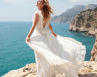 Linen Backless Wedding Dress | Boho Bridal Gown with Bow | Simple Bride | Rustic Flutter Sleeve | Romantic V Neck Maxi