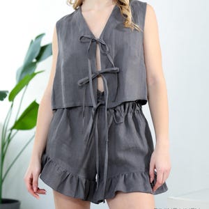 Linen Two Piece Set | Tie Up Front Blouse & High Waisted Shorts | Linen Pajamas Set | Bridal Pajamas | PJ Set | Ruffle Pajama Shorts