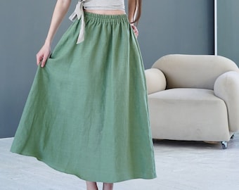 Long Linen Skirt | High Waist Skirt With Pockets | Maxi Linen Skirt | Mini Skirt | Wide Linen Skirt | Sage Green Linen Skirt