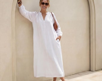 White Linen Dress | Linen Kaftan Maxi Dress | Long Sleeve Temple Dress with Pockets | Caftan | Linen clothes Plus Size
