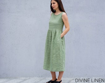 Ärmelloses Kleid aus 100 % Leinen, Leinenkleid mit Taschen, Sommerkleid, Leinenkleidung, Sommer-Strandkleider, Salbeigrünes Leinen-Boho-Kleid