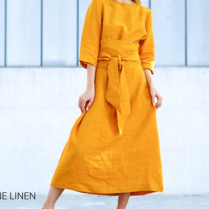 Linen Wrap Dress with Belt | Modest 3/4 Sleeve Dress | Loose Linen Midi Dress | Summer Boho Sundress | Cottagecore Vibe | Plus Size Linen