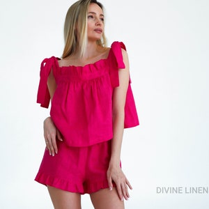Linen Ruffle Pajamas | Bridesmaid Pajamas | Linen Sleepwear | Homewear | Matching Pajamas | Bachelorette Pajamas | Bridal Party Pajamas
