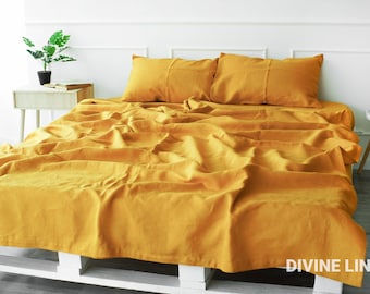 Mustard Yellow Linen Duvet Cover Set | 1 Duvet Cover + 2 Pillowcases | Duvet Cover Queen King Double Twin | Linen Bedding Set | Zipper