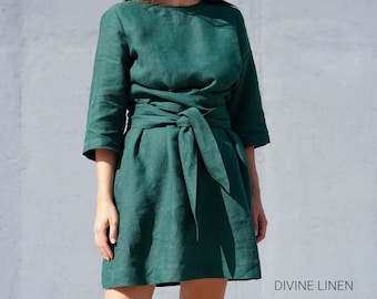 Linen Dress | Dress With Belt | Bridesmaid Dress | Emerald Green Dress | Wedding Guest Dress | Waist Belt Dress | Corset Dress | Prom Dress