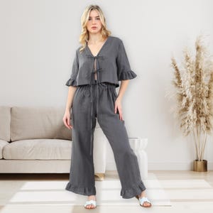 Linen Two Piece Set | Tie Up Front Blouse & Linen Pants | PJ Set | Bridesmaid Pajamas | Pajama Set | Bridal Pajamas | Bridal Pajamas |PJ Set