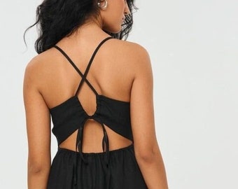 Black Linen Maxi Dress Strappy Backless Summer Dress Flowy