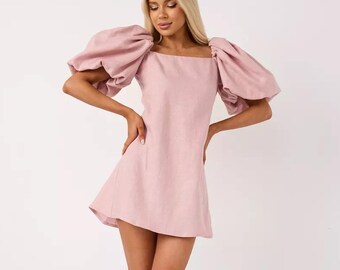 Linen Dress | Wedding Guest Dress | Bridesmaid Dress | Puff Sleeve Short Dress | Square Neck Flowy Style | Plus Size Linen